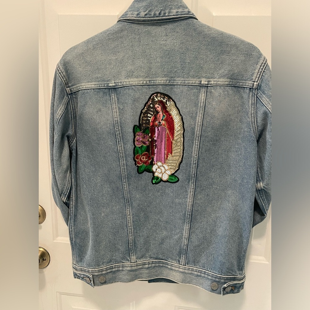 Madewell Light Wash Denim Jacket with Sequin Madonna Patch